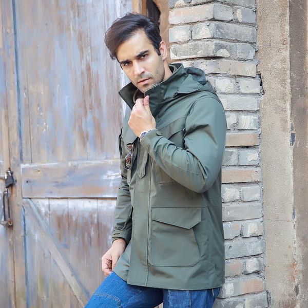 

men's trench coats tactical men jacket long coat army military waterproof hoodie windbreaker outwear spring clothing, Tan;black