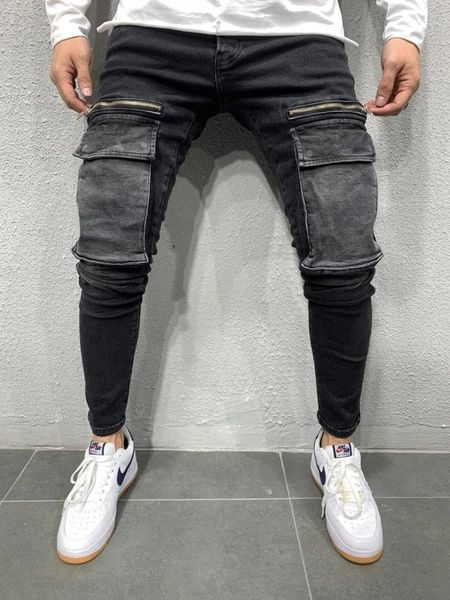 

men's jeans 2021 cross border trade clothing zipper big pocket slim casual fashion, Blue