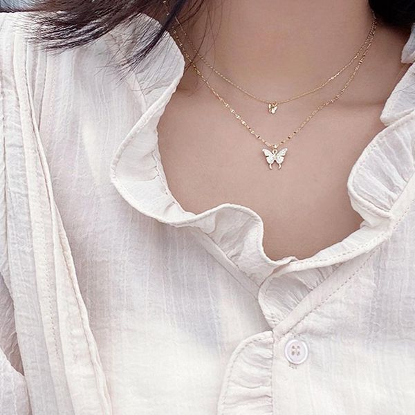 

pendant necklaces butterfly necklace for women dainty double layer clavicle chain wedding birthday jewelry gift, Silver