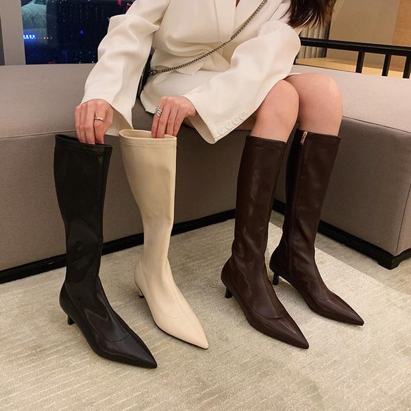 

boots 2021 women low thin high heels tall winter designer pointed toe brown thigh knee pumps long prom shoes, Black