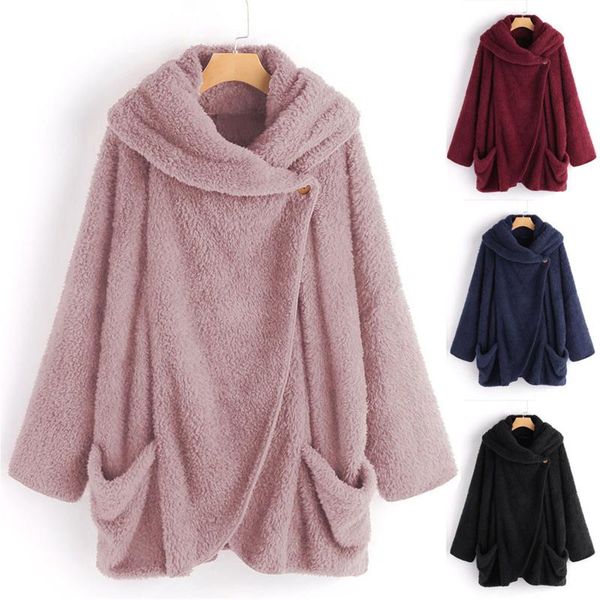 

women's wool & blends ladies double-sided plush warm coat large lapel bat sleeve cardigan jacket hoodies simple solid color winter clot, Black