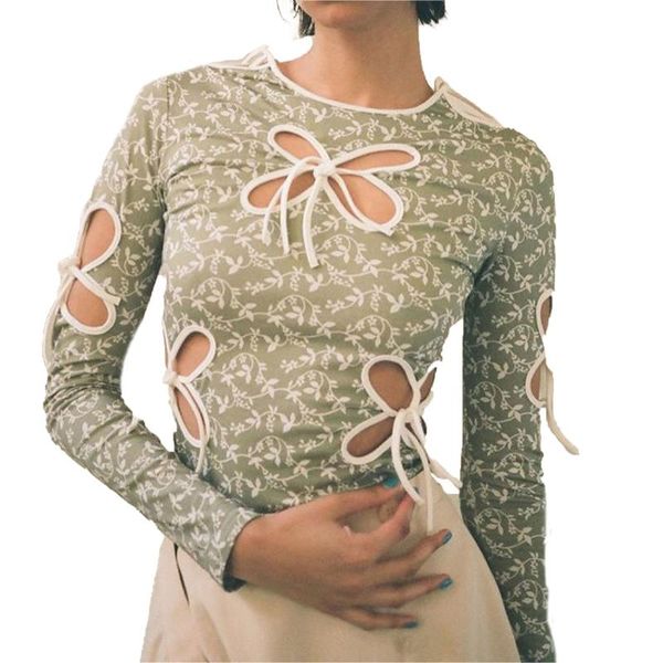 

women's t-shirt y2k harajuku long sleeve o-neck hollow out bowknot lace-up slim floral print party, White