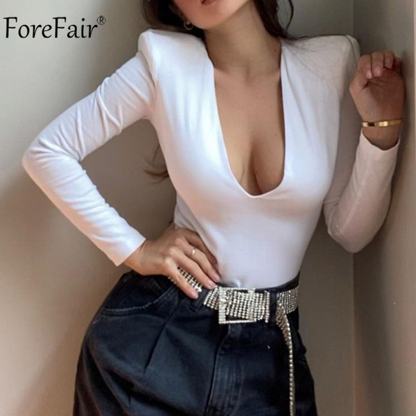 

2021 long sleeve bodysuits women black casual fashion body v neck white autumn winter romper skinny ladies, Black;white