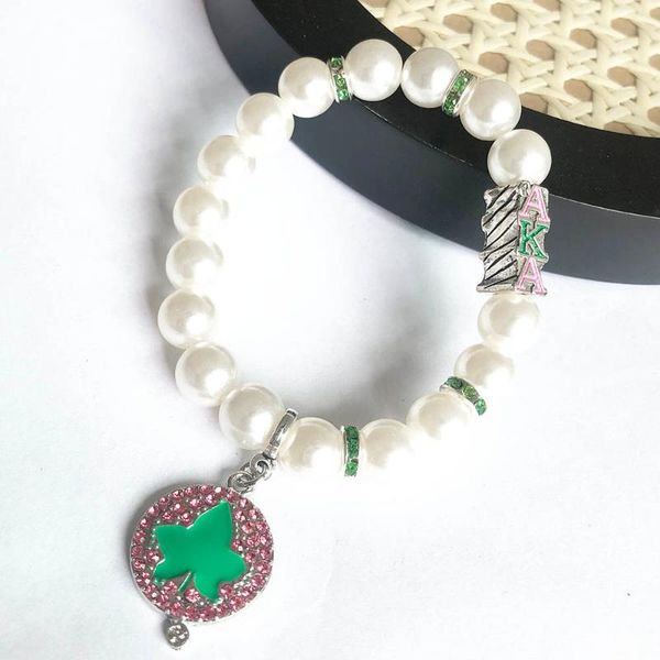 

beaded, strands hand made greek sorority white pearl elastic line greenk letter rhinestone charm pendant bracelet women jewelry, Black