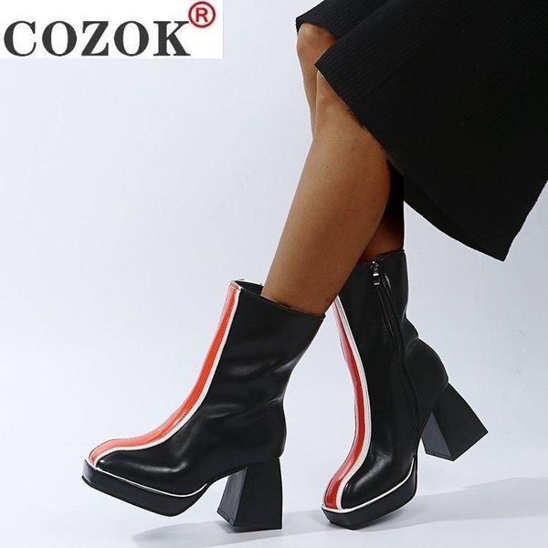 

boots 2021 fashion est platform women mid-calf side zipper elegant thick heels pumps wedding office lady shoes woman, Black