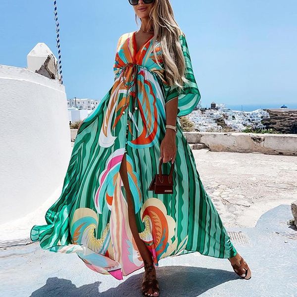 

casual dresses 2021 summer slim split hem maxi dress elegant elastic waist button beach long women fashion print deep v boho, Black;gray