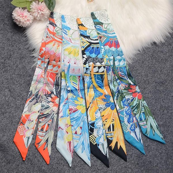 

scarves women narrow long scarf 100x6cm chic french gentle elegant chiffon silk tie letter print bag ribbon headband fashion head scarve, Blue;gray
