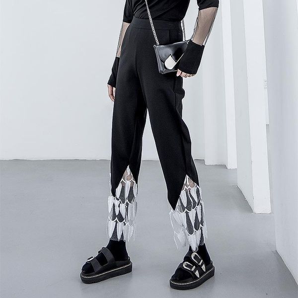 

women's pants & capris xuxi spring autumn clothes mesh stitching straight high waist design personalized casual 2021 fashion fz1876, Black;white