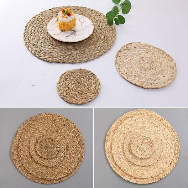 

mats & pads 1pc natural handmade straw woven placemat wooden round braided mat heat resistant insulation anti-skidding pad