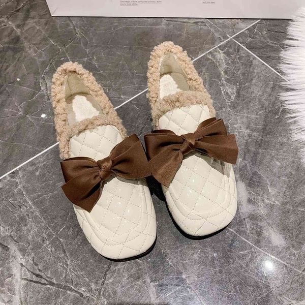

sandals winter warm indoor flat shoes women patent leather waterproof faux fur loafers woman slip-on bow comfort cotton shoe 2021, Black