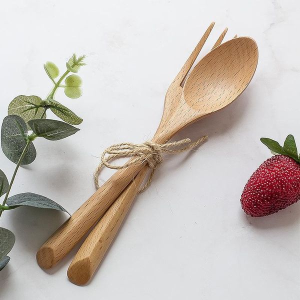 

12pc natural wooden spoon and fork set kitchen cutlery salad fruit tableware handmade for cooking spoons