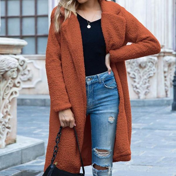 

women's wool & blends drop women winter faux fleece long sleeve lapel warm coat jacket open front overcoat, Black