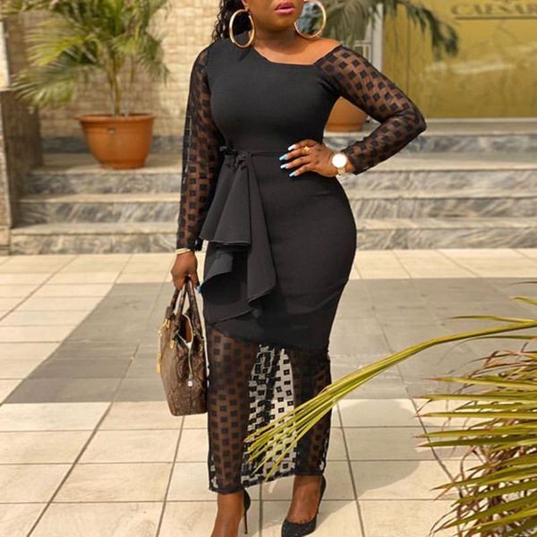 

casual dresses women party dress fashion commuter long sleeves stitching mesh polka dot black high waist slimming plus size autumn, Black;gray