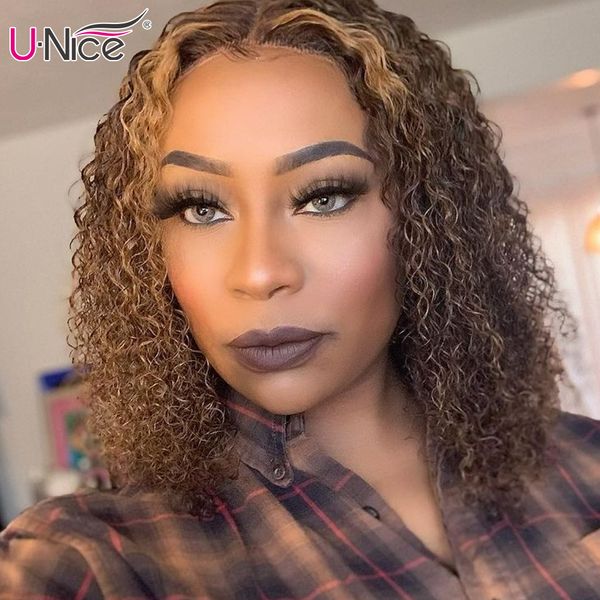 

unice hair 13x1 highlight bob wig brazilian curly human hair wigs 150 density honey blonde babylights lace part wigs, Black