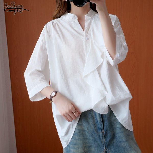 

large size slim all-match shirt female autumn solid color loose casual cotton and linen blouse women chemisier femme 10259 210427, White