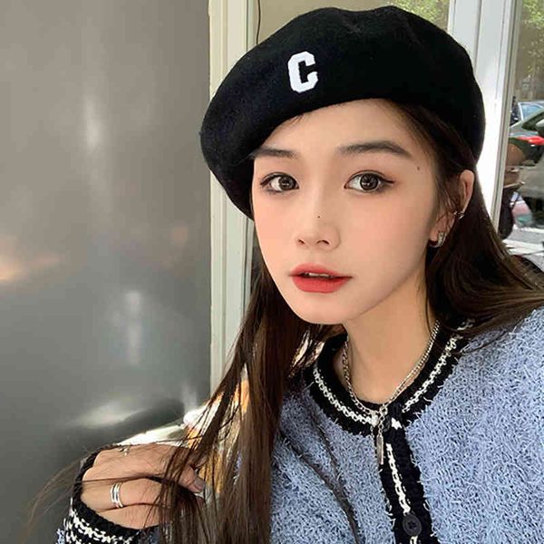 

cool girl winter new wool letter beret women's is thin painter's hat warm autumn and, Blue;gray