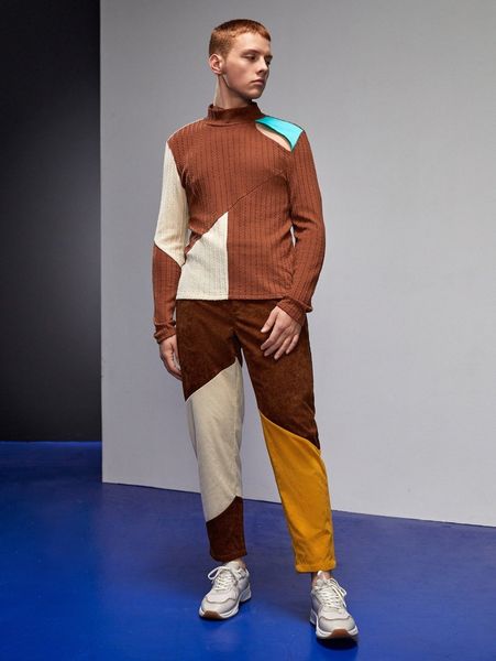 

x tokio fever men cut and sew tapered cord pants r8p3#, Black