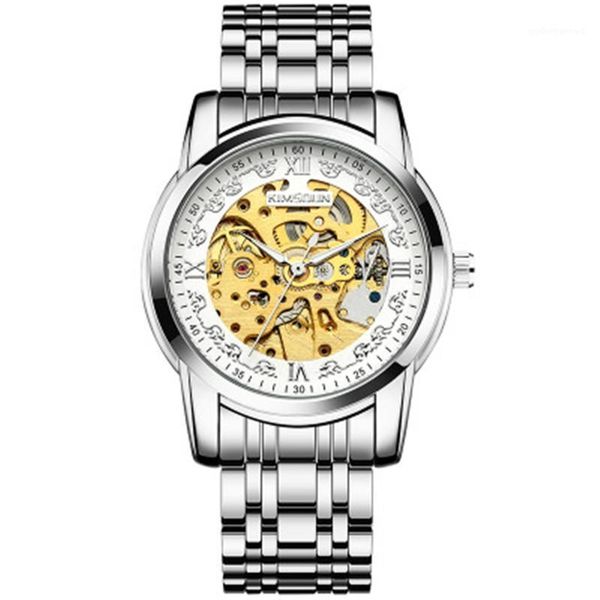 

wristwatches kimsdun automatic mechanical watch tourbillon skeleton back cover hollow men's sport wristwatch, Slivery;brown