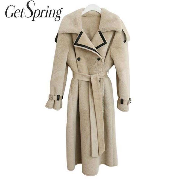 

getspring women coat winter long sleeve double breasted lamb shearling temperament womens jacket overcoat 210601, Black
