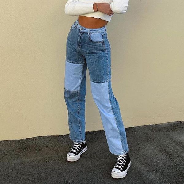 

autumn fashion patchwork jeans pants women 90s streetwear cargo high waisted girl's denim straight trousers women's & capris, Black;white