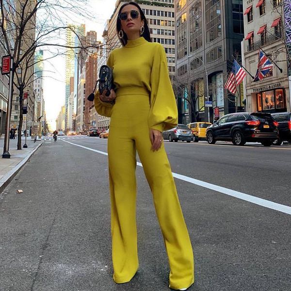 

women's jumpsuits & rompers womens jumpsuit elegant lantern sleeve loose high waist wide leg long pants trousers female overalls outfit, Black;white