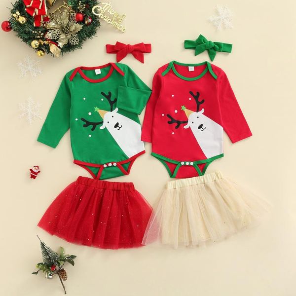 

clothing sets 0-18m born baby girl 3 pieces suit set elk print o-neck long sleeve romper solid color skirt headband, White