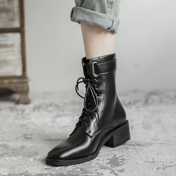 

boots brand buckle belt ankle women square toe lace up winter leather botas thick heel short tube motrocycle botines mujer 2021, Black