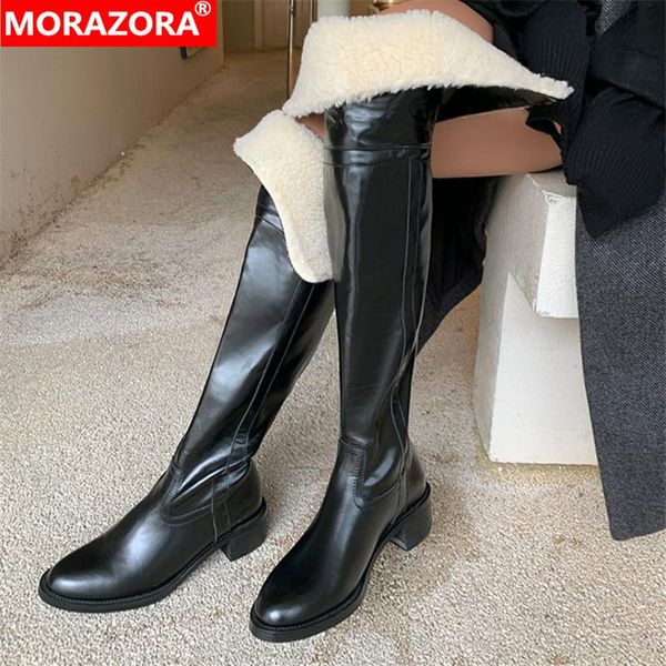 

boots morazora 2022 over the knee women genuine leather shoes solid colors winter snow fashion lady, Black