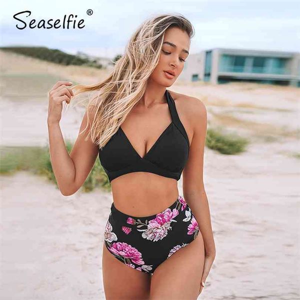 

seaselfie black floral halter high waisted bikini sets swimsuit two pieces swimwear women summer beach bathing suit 210712, White;black