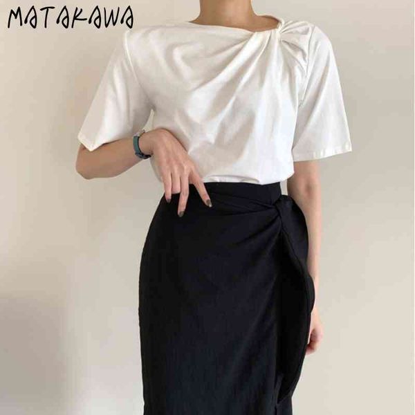 

matakawa short sleeve woman tshirts shoulder fold skew collar design t-shirt solid korea summer t shirts 210513, White