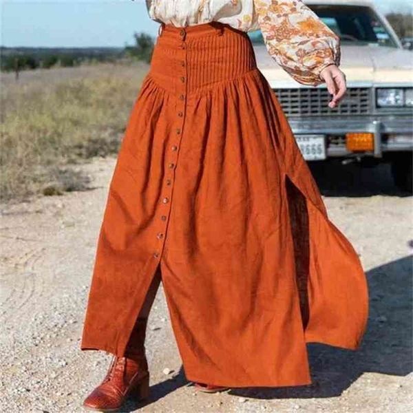 Hohe Taille Schlitz langer Rock Frauen Herbst Knopf Maxi Split orange Böden lässig schwarze Baumwolle Faldas 210427