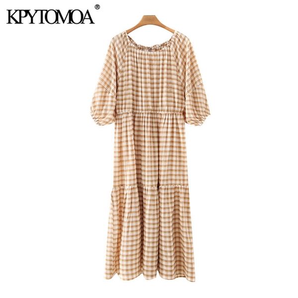 

women chic fashion ruffled check midi dress o neck with elastic short sleeve female dresses vestidos mujer 210420, White