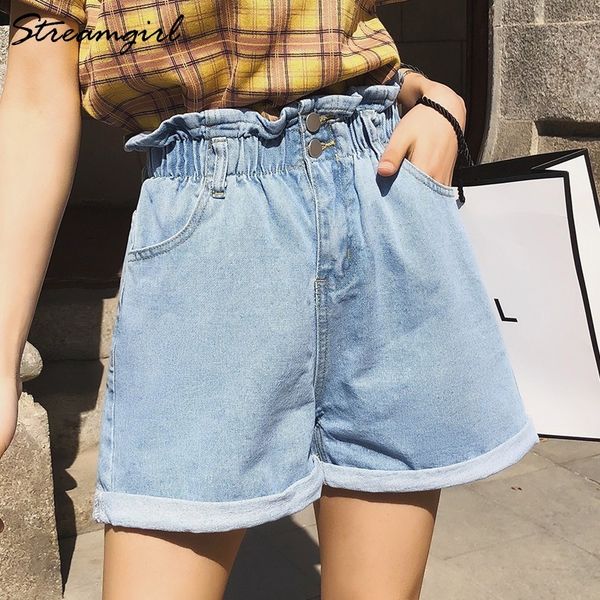 

summer jeans shorts women denim high waist wid leg short jeans elastic waist white denim shorts for women ladies summer 210421, White;black