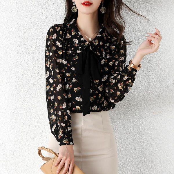 

women's blouses & shirts fashion floral chiffon shirt blouse long sleeve bowknot autumn female oversized blusas de mujer, White
