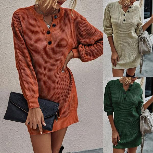 

women's sweaters 2021 women winter streetwear long sleeve sweater dress v neck button knitted tunic pullover, White;black