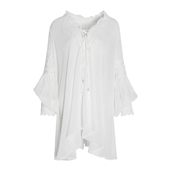 

white hollow out women blouse polka dot v neck bandages sleeve asymmetrical shirt female fashion spring