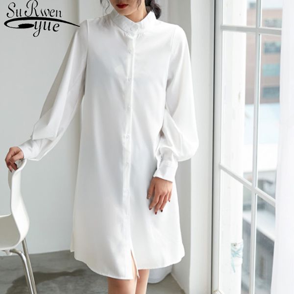 

fashion stand collar chiffon blouse solid long sleeve lantern sleeves clothing blusas mujer de moda streetwear 5263 50 210521, White