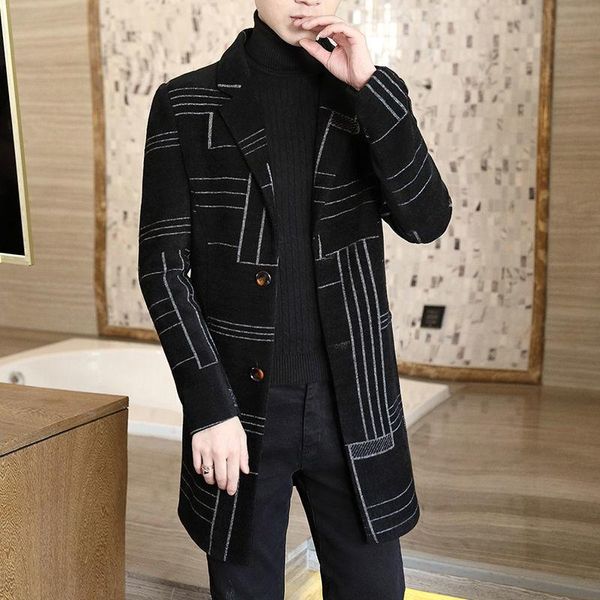 

men's wool & blends 2021 men autumn print woolen overcoats male trench windbreaker jackets slim fit windbreak long coats plus size o255, Black