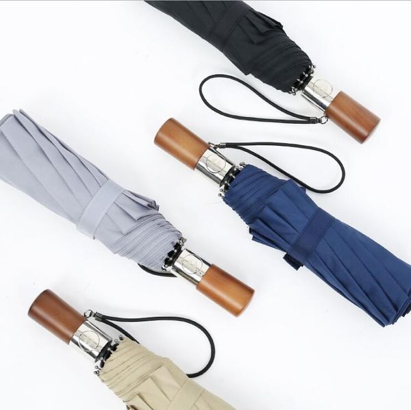 

umbrellas 10k reinforced windproof women rain umbrella full automatic three folding retro solid wood handle gentleman business