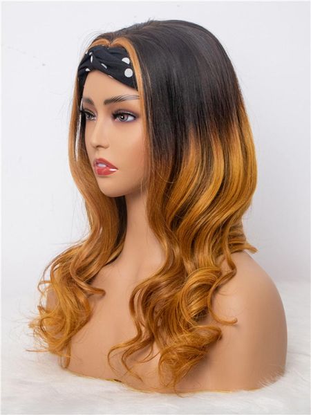 

lace wigs ombre golden brown wavy 100% human hair headband wig brazilian scarf for women no gel glueless remy 200%, Black;brown