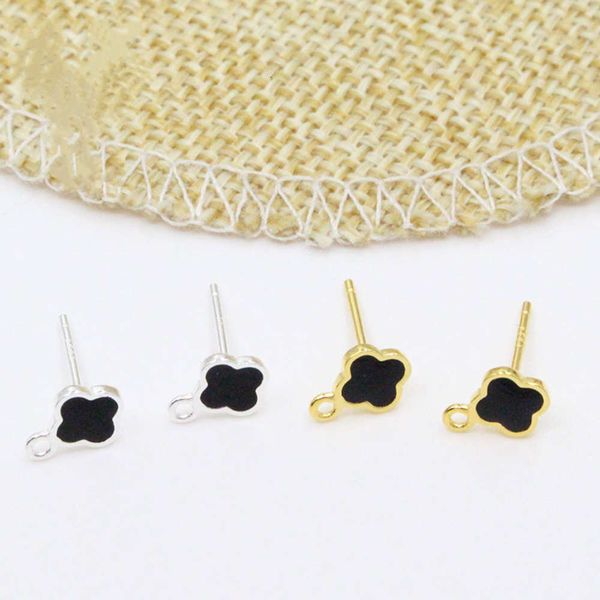 

s925 plated diy silver accessories earrings material mini clover earrings, Black