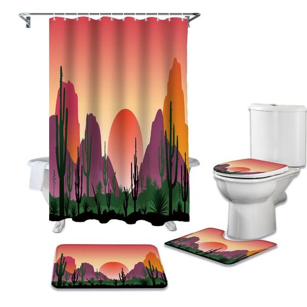 

shower curtains 4pcs/set cactus mountain sunset print curtain waterproof bathroom toilet cover mat non-slip rug set bathtub decor