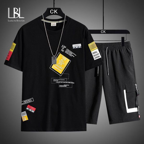 

men's tracksuits 2021 summer cotton sets casual t-shirt and shorts sports suit streetwear collage stretch waist sportswear, Gray