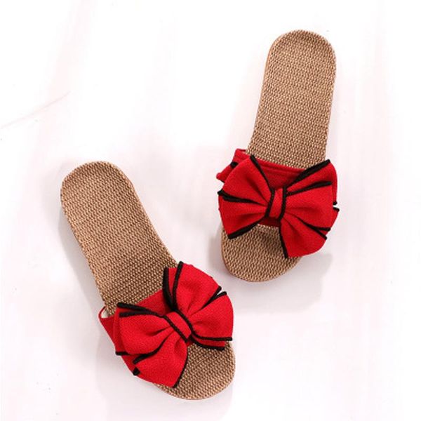 

slippers 2021 women breathable linen with big bow-knot casual home flat slides non-slip indoor outdoor shoes flats, Black