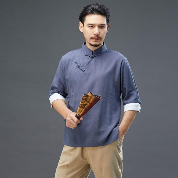 

ethnic clothing men 3/4 sleeve cotton linen tang chinese traditional retro button shirt ancient mandarin collar solid casual coat haraj, Red