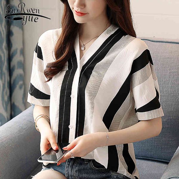 

fashion women's and blouses short sleeve shirt striped causal ladies clothing loose feminine blusas 0746 30 210521, White