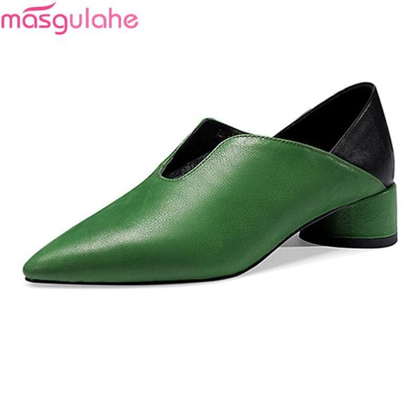 

masgulahe 2021 genuine leather pumps square heels pointed toe office dress shoes spring autumn ladies single, Black