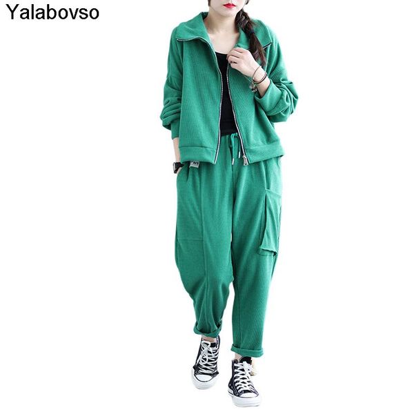 

women's two piece pants elastic waist and hoodies female green color suit autumn 2021 zipper stand collar loose coat, White