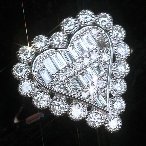 

luxury big heart ring shiny white cz stone full inlaid rings for women romantic wedding engagement party fashion jewelry gift, Slivery;golden