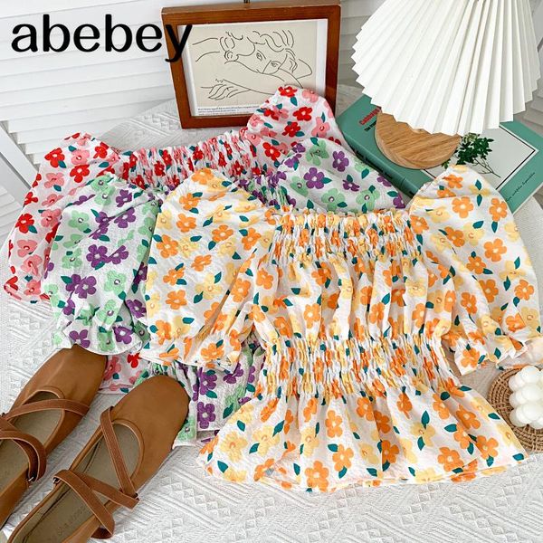 

women's blouses & shirts sweet versatile slash neck puff sleeve shirt high waist pleated ruffles floral short 2021 summer women, White